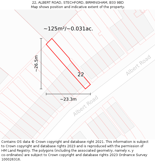 22, ALBERT ROAD, STECHFORD, BIRMINGHAM, B33 9BD: Plot and title map