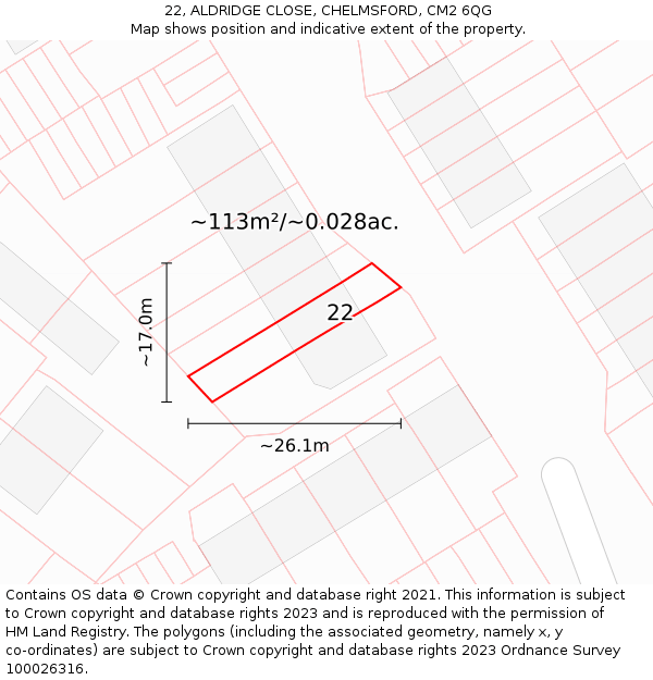 22, ALDRIDGE CLOSE, CHELMSFORD, CM2 6QG: Plot and title map