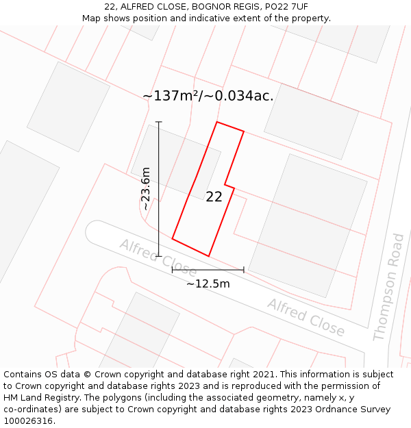 22, ALFRED CLOSE, BOGNOR REGIS, PO22 7UF: Plot and title map