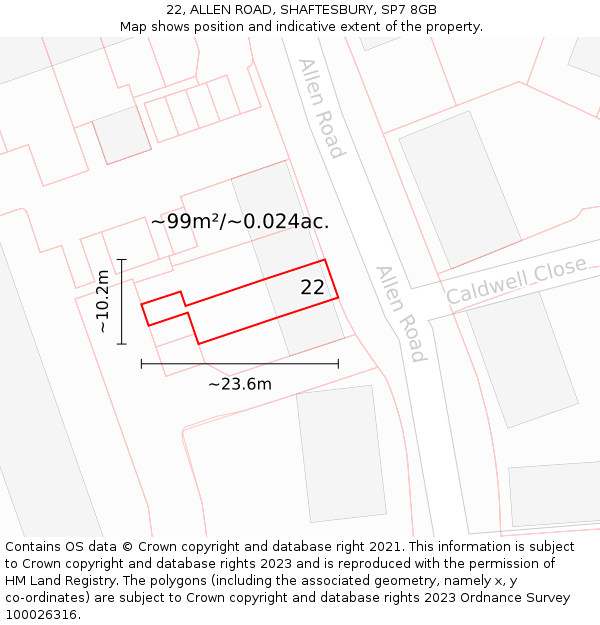 22, ALLEN ROAD, SHAFTESBURY, SP7 8GB: Plot and title map