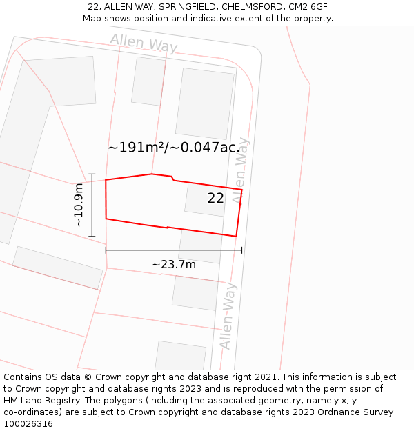22, ALLEN WAY, SPRINGFIELD, CHELMSFORD, CM2 6GF: Plot and title map