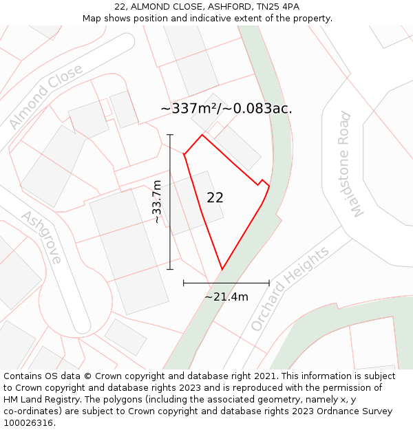 22, ALMOND CLOSE, ASHFORD, TN25 4PA: Plot and title map