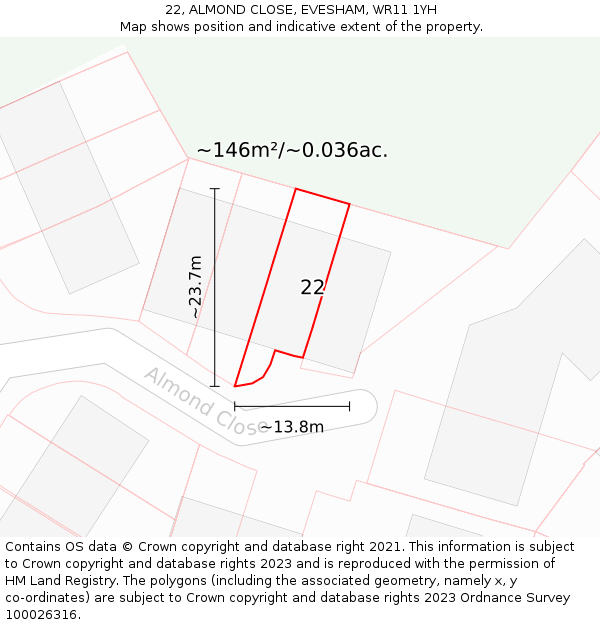 22, ALMOND CLOSE, EVESHAM, WR11 1YH: Plot and title map