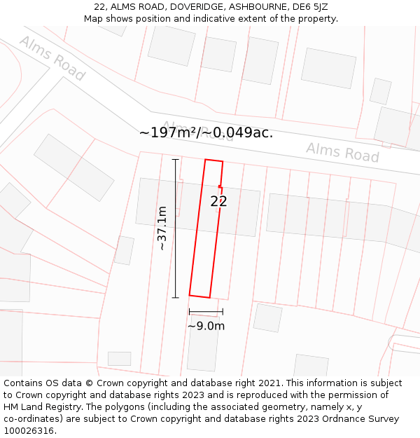 22, ALMS ROAD, DOVERIDGE, ASHBOURNE, DE6 5JZ: Plot and title map