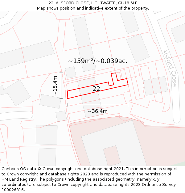 22, ALSFORD CLOSE, LIGHTWATER, GU18 5LF: Plot and title map