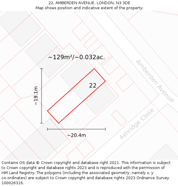 22, AMBERDEN AVENUE, LONDON, N3 3DE: Plot and title map