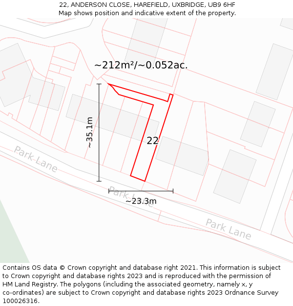 22, ANDERSON CLOSE, HAREFIELD, UXBRIDGE, UB9 6HF: Plot and title map
