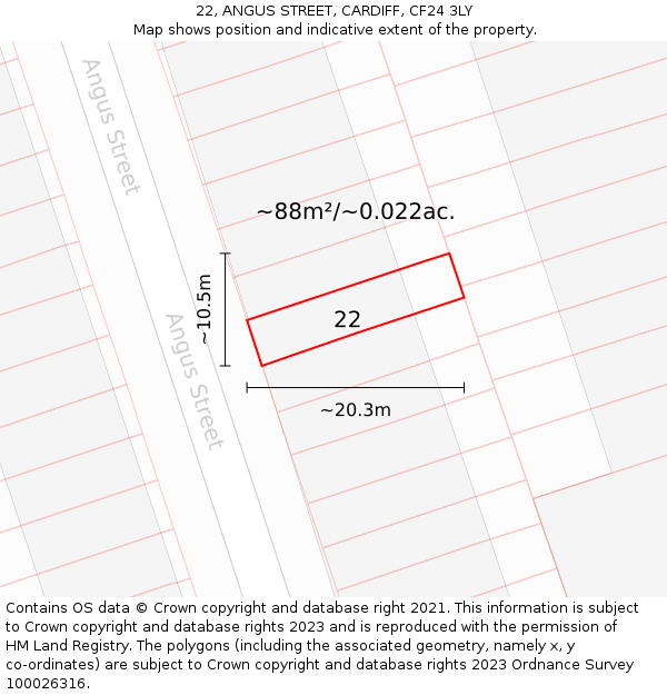 22, ANGUS STREET, CARDIFF, CF24 3LY: Plot and title map