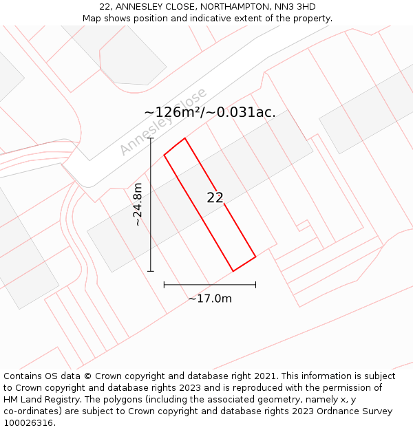 22, ANNESLEY CLOSE, NORTHAMPTON, NN3 3HD: Plot and title map