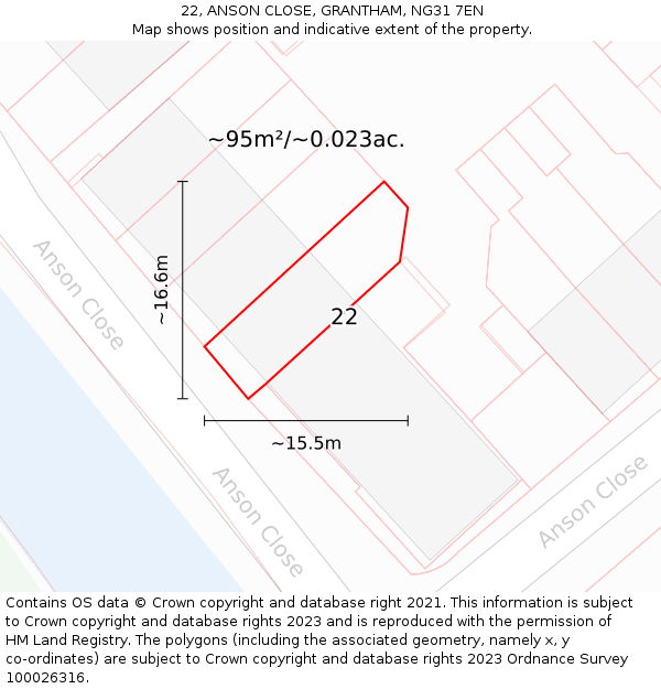 22, ANSON CLOSE, GRANTHAM, NG31 7EN: Plot and title map