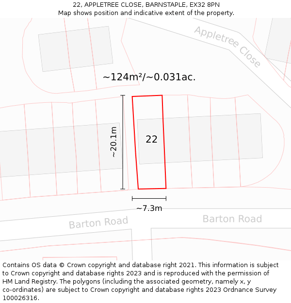 22, APPLETREE CLOSE, BARNSTAPLE, EX32 8PN: Plot and title map