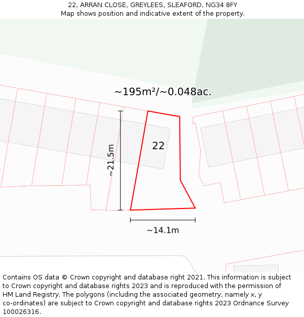 22, ARRAN CLOSE, GREYLEES, SLEAFORD, NG34 8FY: Plot and title map