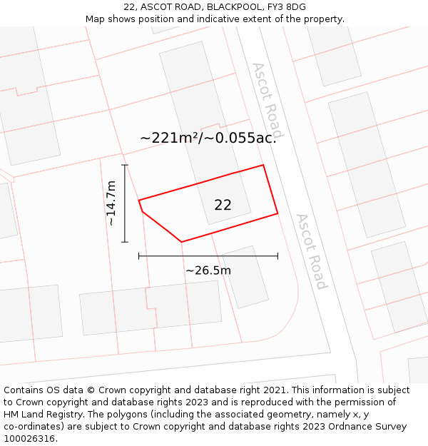 22, ASCOT ROAD, BLACKPOOL, FY3 8DG: Plot and title map