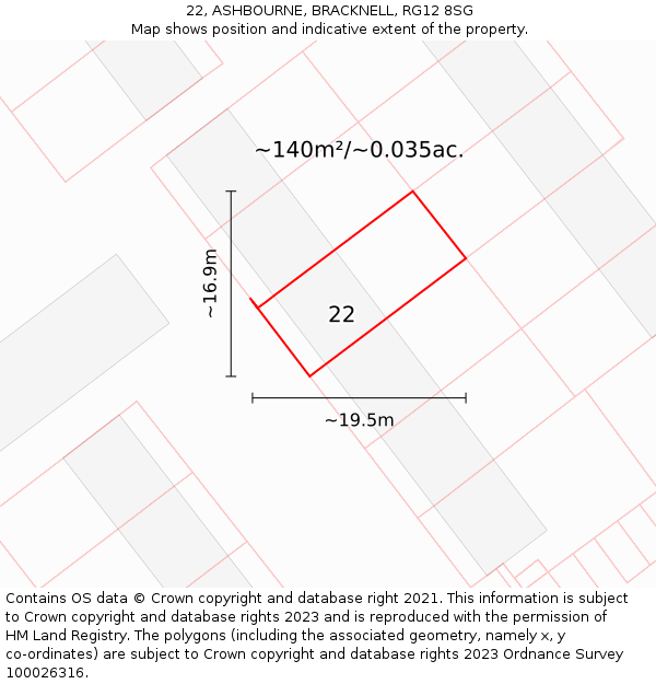 22, ASHBOURNE, BRACKNELL, RG12 8SG: Plot and title map