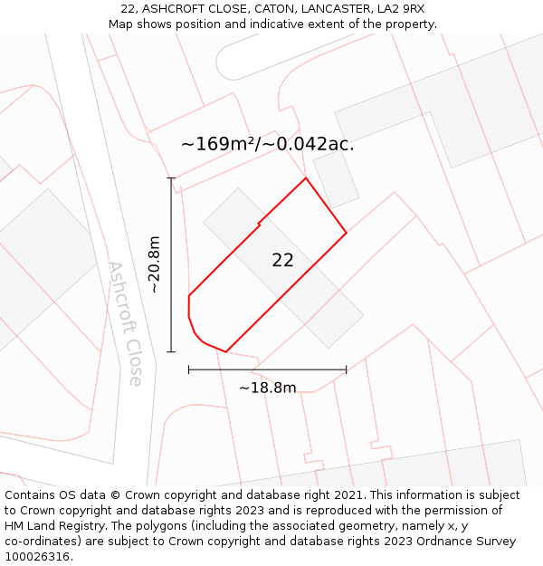 22, ASHCROFT CLOSE, CATON, LANCASTER, LA2 9RX: Plot and title map