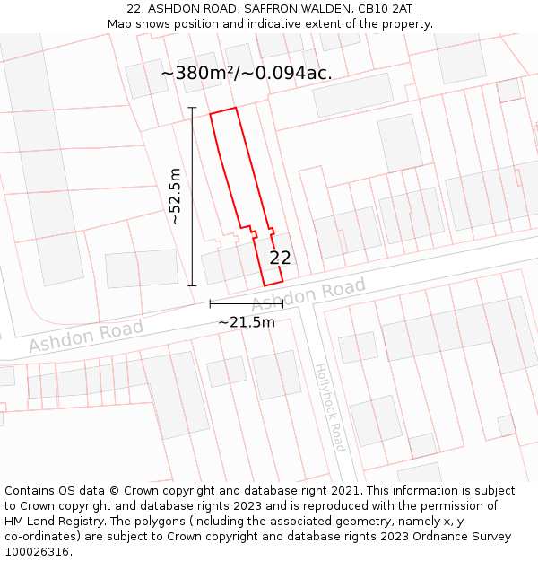 22, ASHDON ROAD, SAFFRON WALDEN, CB10 2AT: Plot and title map