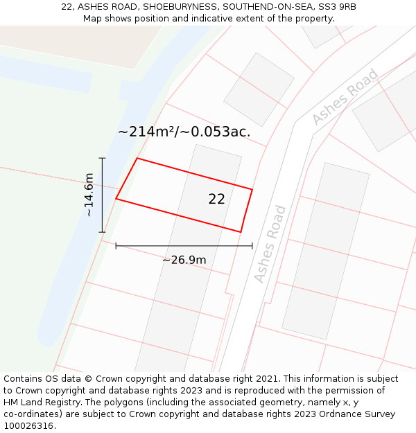 22, ASHES ROAD, SHOEBURYNESS, SOUTHEND-ON-SEA, SS3 9RB: Plot and title map