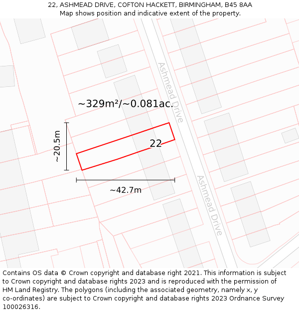 22, ASHMEAD DRIVE, COFTON HACKETT, BIRMINGHAM, B45 8AA: Plot and title map