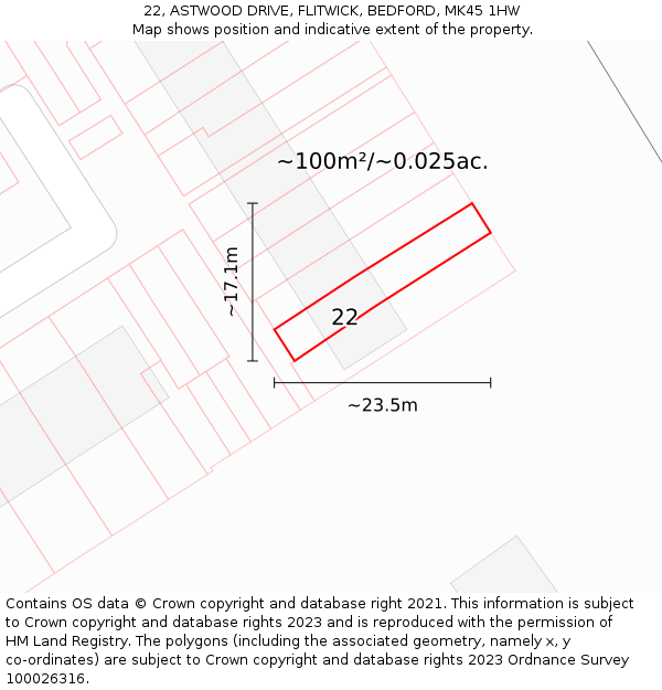 22, ASTWOOD DRIVE, FLITWICK, BEDFORD, MK45 1HW: Plot and title map