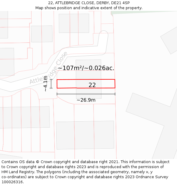 22, ATTLEBRIDGE CLOSE, DERBY, DE21 4SP: Plot and title map