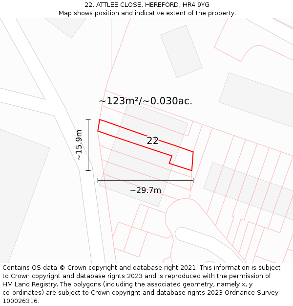 22, ATTLEE CLOSE, HEREFORD, HR4 9YG: Plot and title map