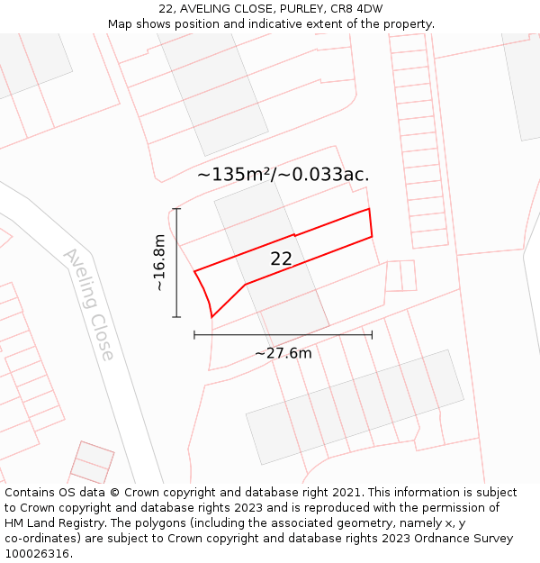 22, AVELING CLOSE, PURLEY, CR8 4DW: Plot and title map