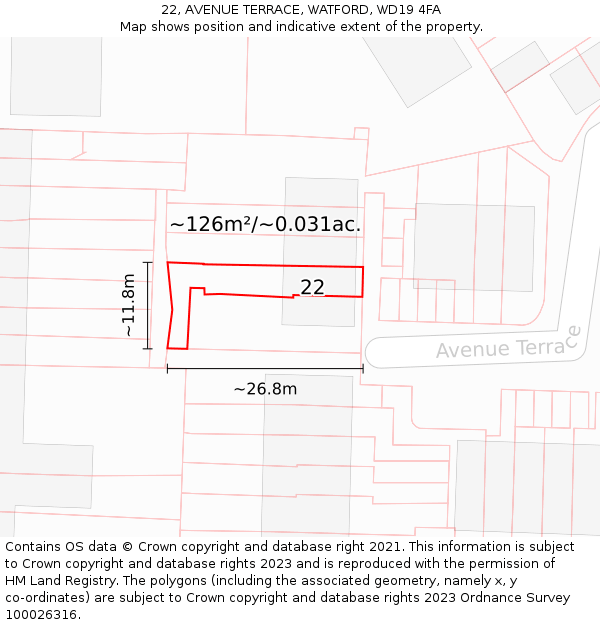 22, AVENUE TERRACE, WATFORD, WD19 4FA: Plot and title map