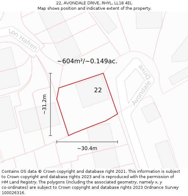 22, AVONDALE DRIVE, RHYL, LL18 4EL: Plot and title map