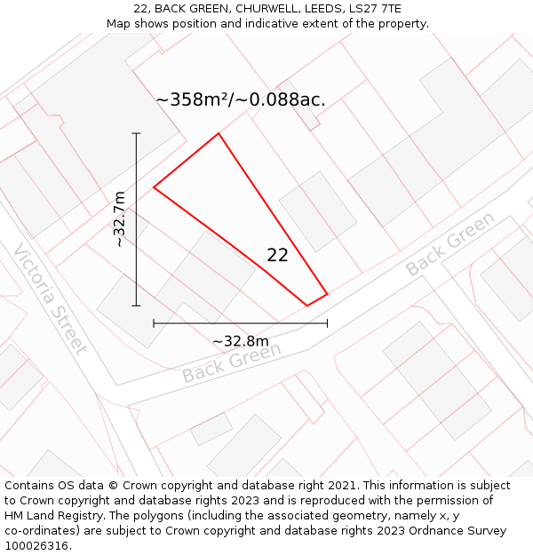 22, BACK GREEN, CHURWELL, LEEDS, LS27 7TE: Plot and title map