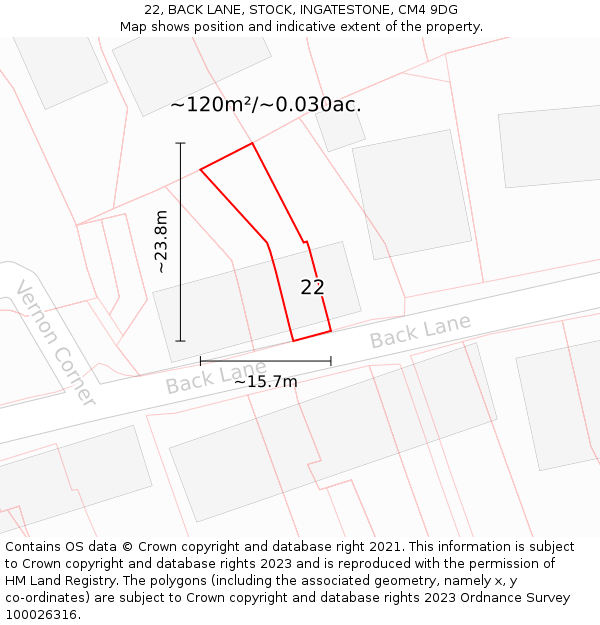 22, BACK LANE, STOCK, INGATESTONE, CM4 9DG: Plot and title map