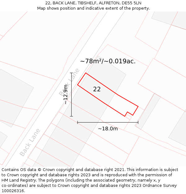 22, BACK LANE, TIBSHELF, ALFRETON, DE55 5LN: Plot and title map