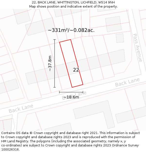 22, BACK LANE, WHITTINGTON, LICHFIELD, WS14 9NH: Plot and title map