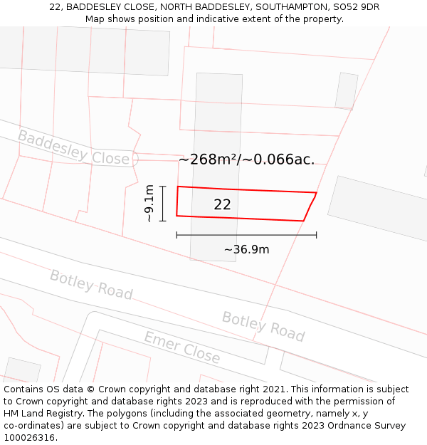 22, BADDESLEY CLOSE, NORTH BADDESLEY, SOUTHAMPTON, SO52 9DR: Plot and title map