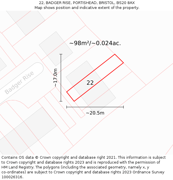 22, BADGER RISE, PORTISHEAD, BRISTOL, BS20 8AX: Plot and title map