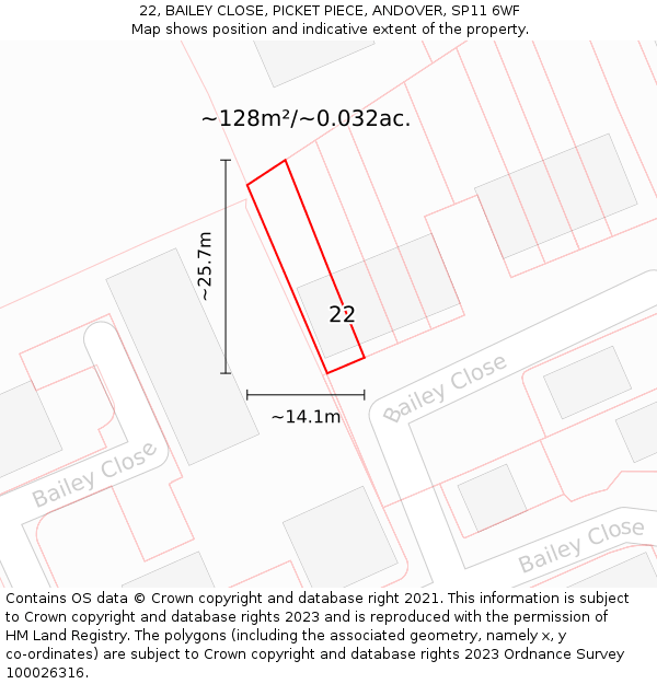 22, BAILEY CLOSE, PICKET PIECE, ANDOVER, SP11 6WF: Plot and title map