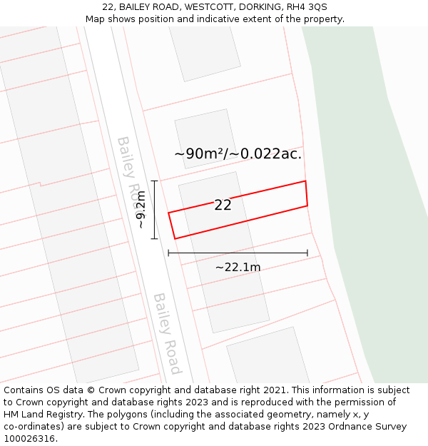 22, BAILEY ROAD, WESTCOTT, DORKING, RH4 3QS: Plot and title map