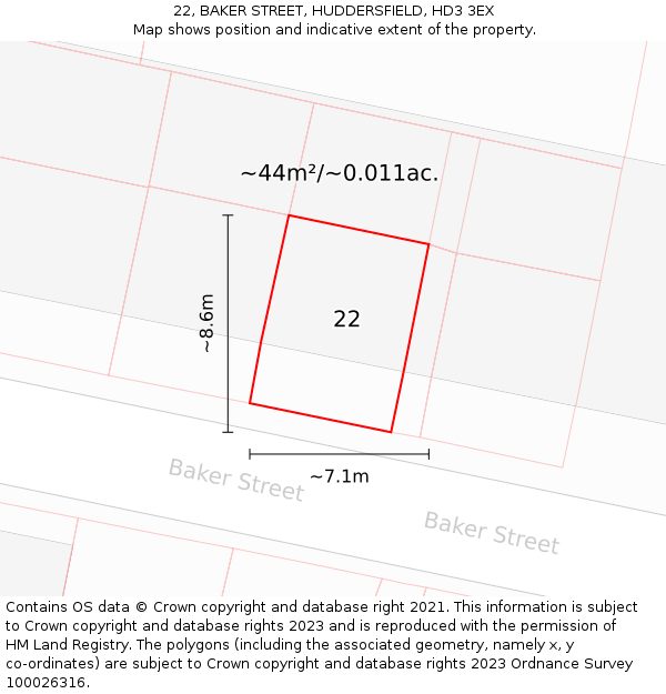 22, BAKER STREET, HUDDERSFIELD, HD3 3EX: Plot and title map