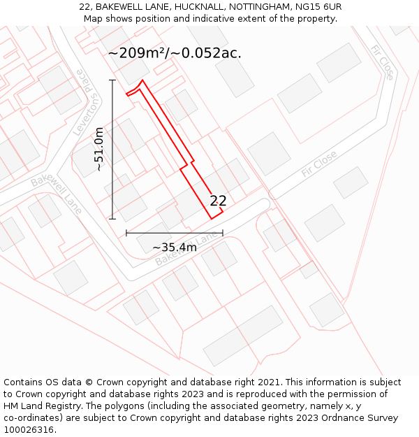 22, BAKEWELL LANE, HUCKNALL, NOTTINGHAM, NG15 6UR: Plot and title map