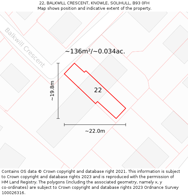22, BALKWILL CRESCENT, KNOWLE, SOLIHULL, B93 0FH: Plot and title map
