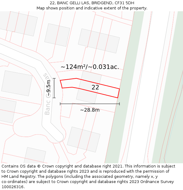 22, BANC GELLI LAS, BRIDGEND, CF31 5DH: Plot and title map