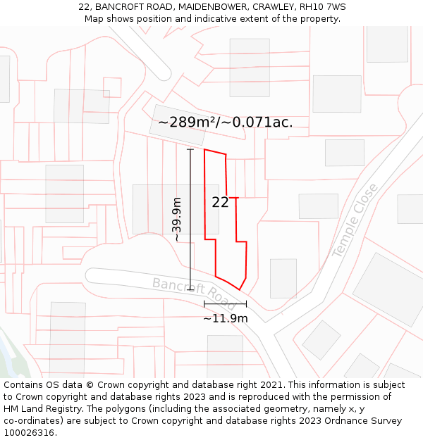 22, BANCROFT ROAD, MAIDENBOWER, CRAWLEY, RH10 7WS: Plot and title map