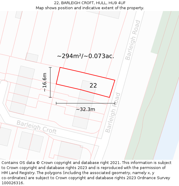 22, BARLEIGH CROFT, HULL, HU9 4UF: Plot and title map