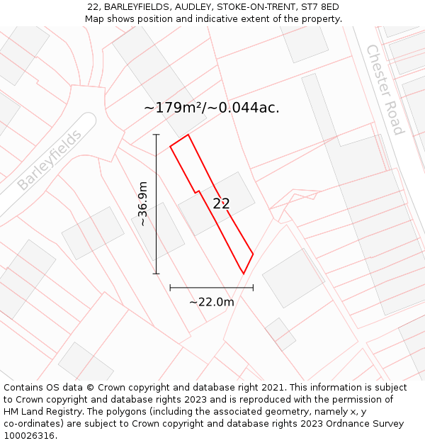 22, BARLEYFIELDS, AUDLEY, STOKE-ON-TRENT, ST7 8ED: Plot and title map