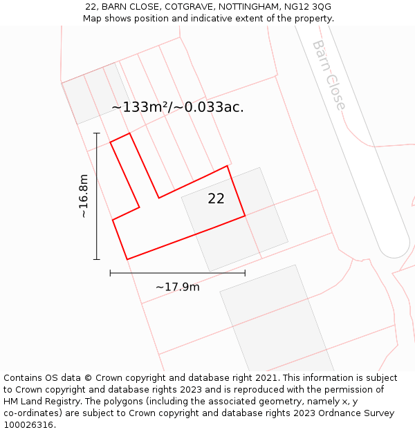 22, BARN CLOSE, COTGRAVE, NOTTINGHAM, NG12 3QG: Plot and title map