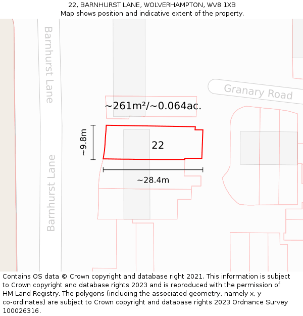 22, BARNHURST LANE, WOLVERHAMPTON, WV8 1XB: Plot and title map