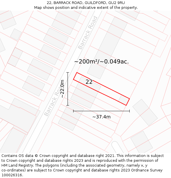 22, BARRACK ROAD, GUILDFORD, GU2 9RU: Plot and title map