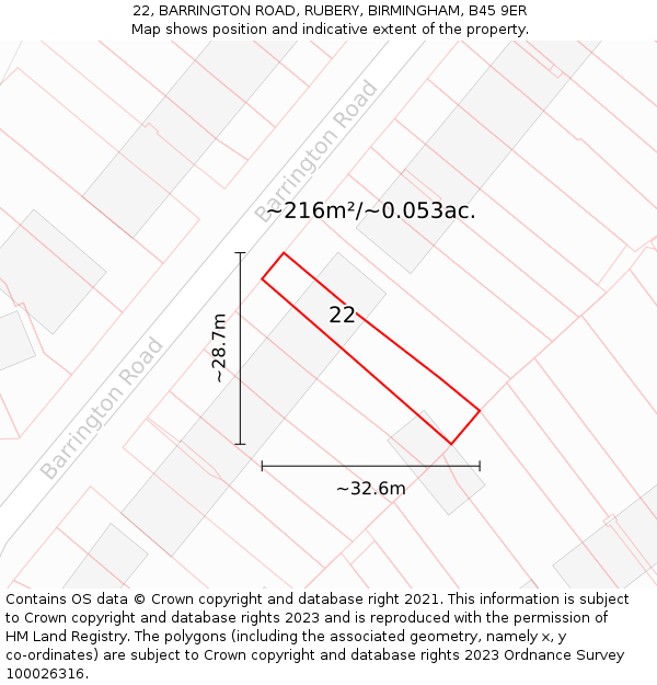 22, BARRINGTON ROAD, RUBERY, BIRMINGHAM, B45 9ER: Plot and title map