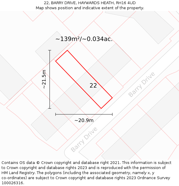 22, BARRY DRIVE, HAYWARDS HEATH, RH16 4UD: Plot and title map