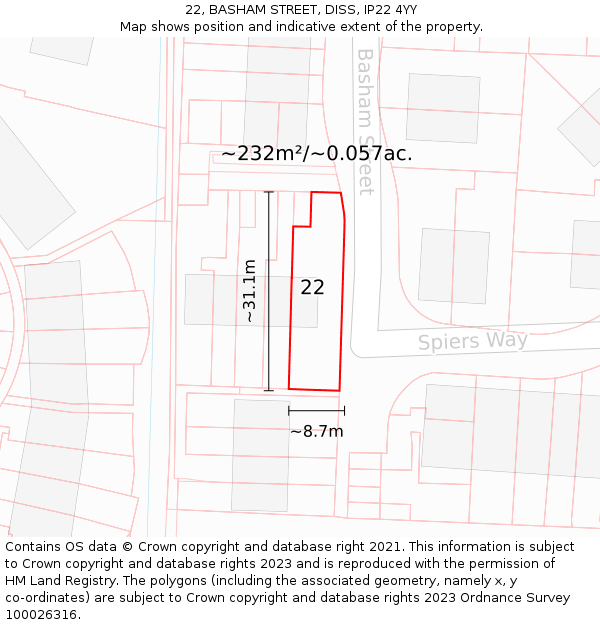 22, BASHAM STREET, DISS, IP22 4YY: Plot and title map
