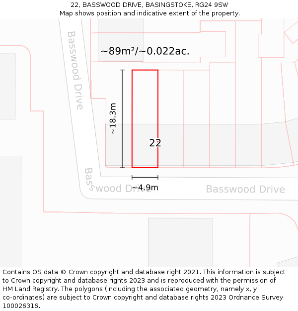22, BASSWOOD DRIVE, BASINGSTOKE, RG24 9SW: Plot and title map